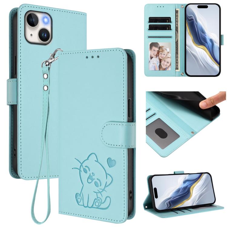 Embossed Heart Cat Leather Phone Case with Hand Strap, For iPhone 13 mini, For iPhone 12 / 12 Pro, For iPhone 12 Pro Max, For iPhone 12 mini
