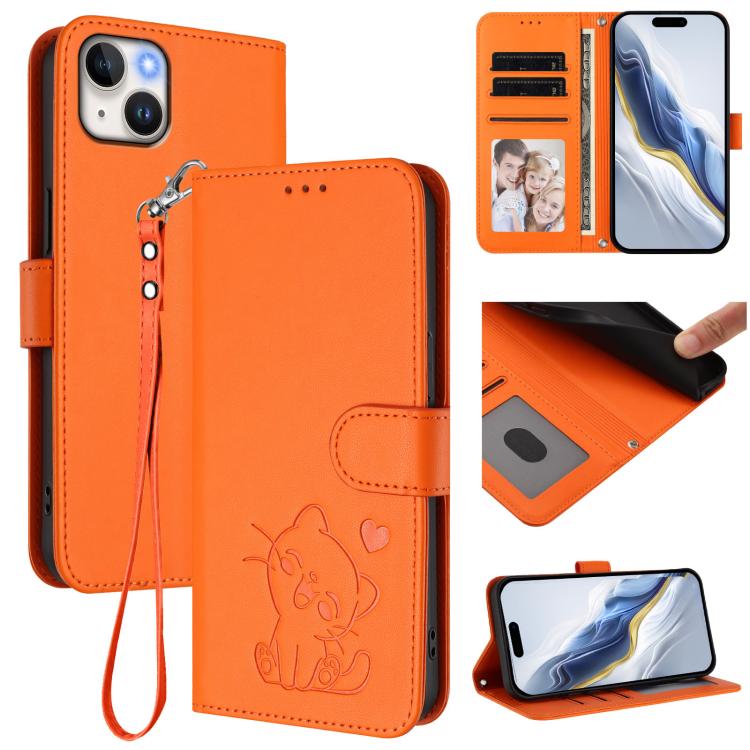 Embossed Heart Cat Leather Phone Case with Hand Strap, For iPhone 13 mini, For iPhone 12 / 12 Pro, For iPhone 12 Pro Max, For iPhone 12 mini