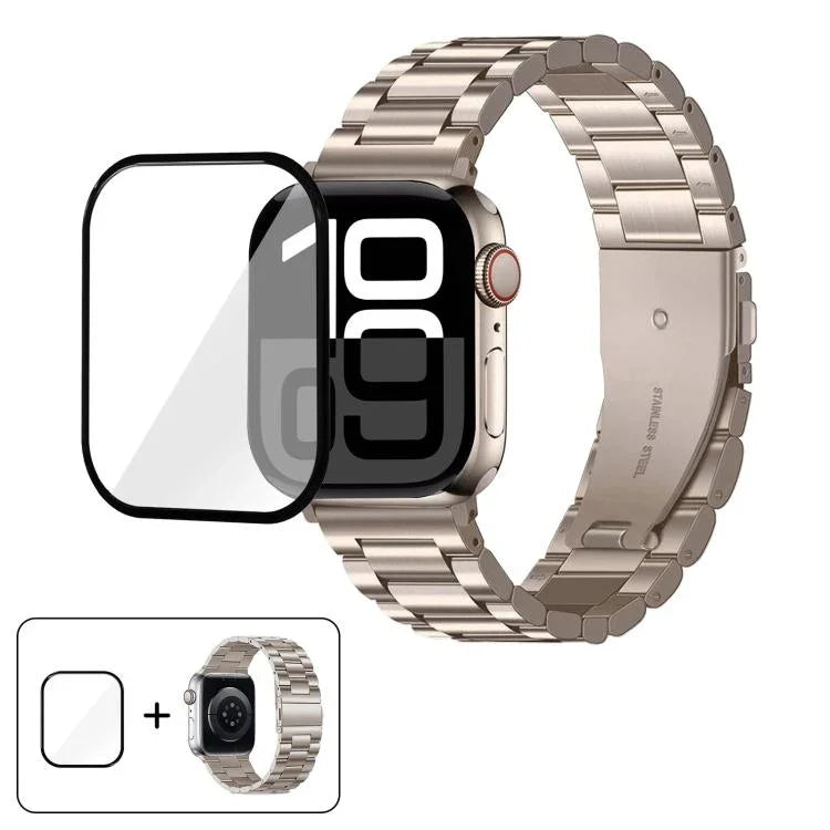 Three Beads Stainless Steel Watch Band with 3D Curved Film, For Apple Watch Ultra 2 / 1 49mm, For Apple Watch Series 45mm, For Apple Watch Series 41mm, For Apple Watch Series 38mm