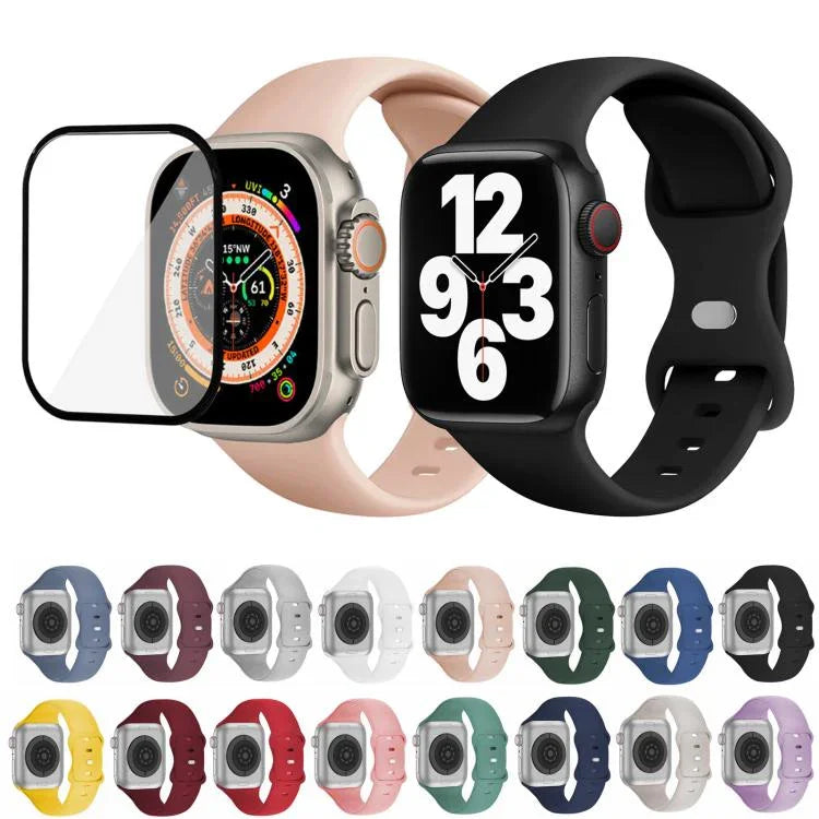 Butterfly Buckle Silicone Watch Band with 3D Curved Film, For Apple Watch Series 40mm, For Apple Watch Ultra 2 / 1 49mm, For Apple Watch Series 45mm