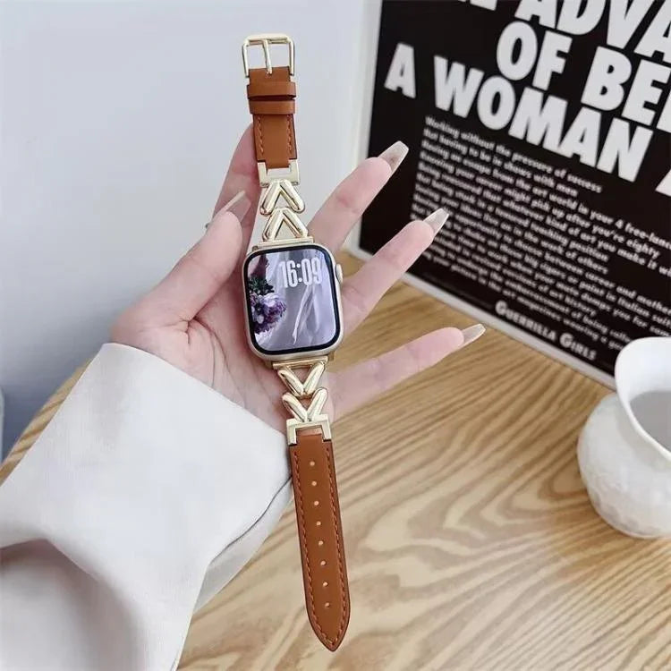 xDfind V-shaped Metal Hybrid Leather Watch Band, For Apple Watch 42 / 44 / 45 / 46 / 49mm, For Apple Watch 38 / 40 / 41 / S10 42mm