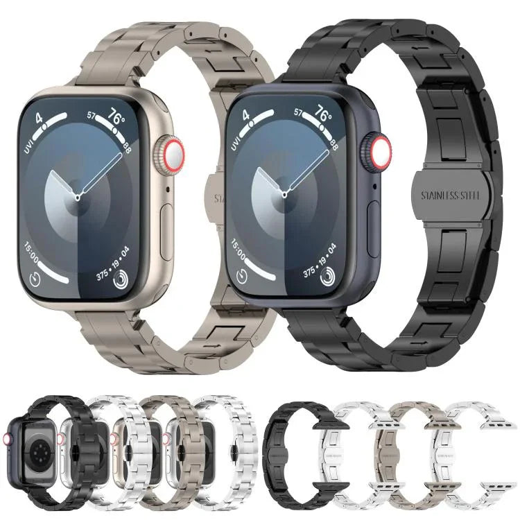 Slim Waist Three-bead Butterfly Buckle Titanium Alloy Watch Band, For Apple Watch 46mm / 49mm / 45mm / 44mm, For Apple Watch 42mm / 41mm / 40mm / 38mm