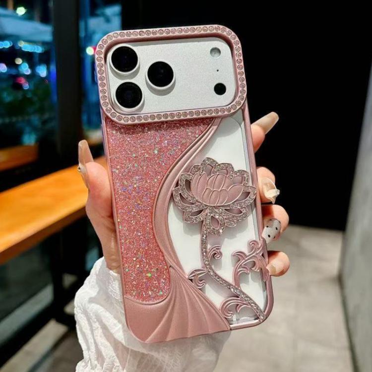 Electroplated TPU Lotus Hollow-carved  Rhinestone Glitter Phone Case, For iPhone 17 Pro Max, For iPhone 17 Pro, For iPhone 17, For iPhone 16 Pro Max, For iPhone 16 Pro, For iPhone 16, For iPhone 15 Pro Max, For iPhone 15 Pro