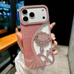Electroplated TPU Lotus Hollow-carved  Rhinestone Glitter Phone Case, For iPhone 17 Pro Max, For iPhone 17 Pro, For iPhone 17, For iPhone 16 Pro Max, For iPhone 16 Pro, For iPhone 16, For iPhone 15 Pro Max, For iPhone 15 Pro