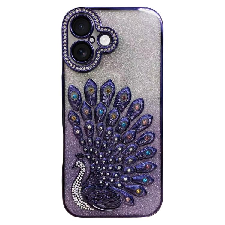 Electroplated TPU Peacock Relief Rhinestone Glitter Phone Case with Lens Film, For iPhone 17 Pro Max, For iPhone 17 Pro, For iPhone 17, For iPhone 16 Pro Max, For iPhone 16 Pro, For iPhone 16 Plus, For iPhone 16, For iPhone 15 Pro Max