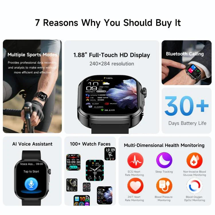 GE52 1.88-inch Full Touch HD Screen BT Call Smart Watch Silicone Strap, Supports Health Monitoring
