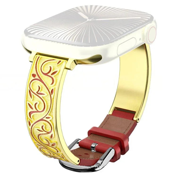 xDfind Retro Floral Carving Stainless Steel Hybrid Genuine Leather Watch Band, For Apple Watch 38 / 40 / 41 / S11 42mm