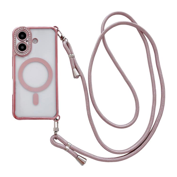 Rhinestone Clear Acrylic Electroplated Magnetic Phone Case with Right-Side Crossbody Lanyard, For iPhone 17 Pro Max, For iPhone 17 Pro, For iPhone 17, For iPhone Air, For iPhone 16 Pro Max, For iPhone 16 Pro, For iPhone 16 Plus, For iPhone 16          ...