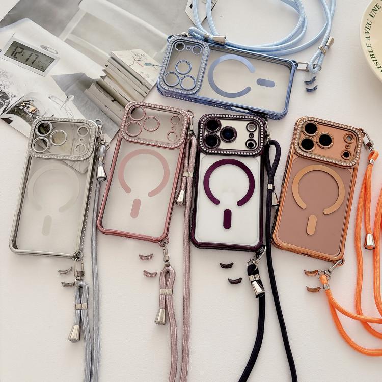 Rhinestone Clear Acrylic Electroplated Magnetic Phone Case with Right-Side Crossbody Lanyard, For iPhone 17 Pro Max, For iPhone 17 Pro, For iPhone 17, For iPhone Air, For iPhone 16 Pro Max, For iPhone 16 Pro, For iPhone 16 Plus, For iPhone 16          ...