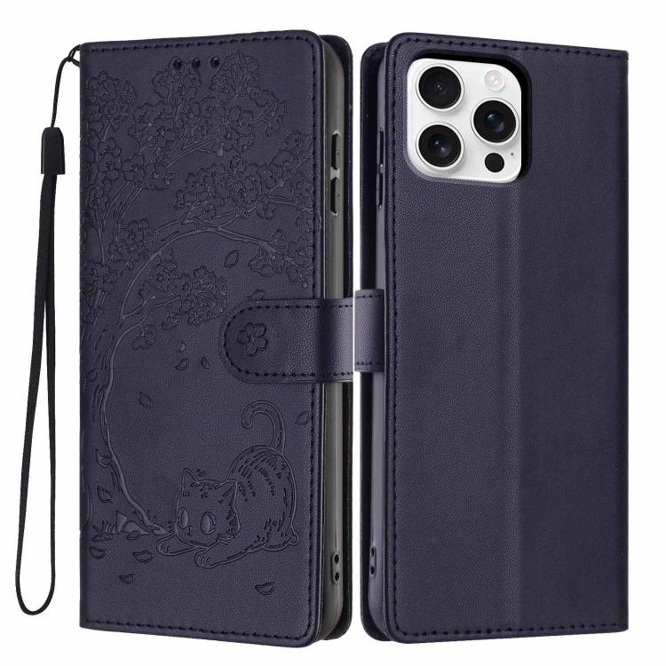 Tree Cat Embossed Flip Vegan Leather Phone Case, For iPhone 16 Pro, For iPhone 16 Plus, For iPhone 16, For iPhone 15 Pro Max, For iPhone 15 Pro, For iPhone 15 Plus