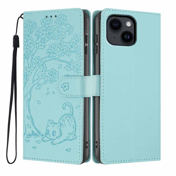 Tree Cat Embossed Flip Vegan Leather Phone Case, For iPhone 15 Pro, For iPhone 15 Plus, For iPhone 15, For iPhone 14 Plus, For iPhone 14, For iPhone 14 Pro