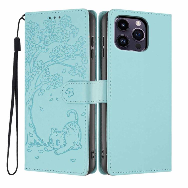 Tree Cat Embossed Flip Vegan Leather Phone Case, For iPhone 15, For iPhone 14 Plus, For iPhone 14, For iPhone 14 Pro, For iPhone 14 Pro Max, For iPhone 13 Pro Max