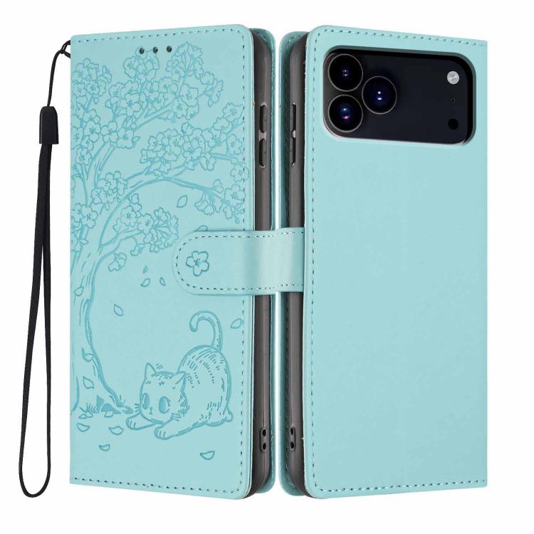 Tree Cat Embossed Flip Vegan Leather Phone Case, For iPhone 18 Pro, For iPhone 18 Pro Max, For iPhone 17e / 16e, For iPhone 17 Pro Max, For iPhone 17 Pro, For iPhone 17