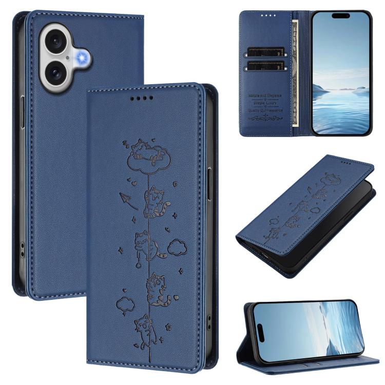 Cute Cats Embossed Magnetic RFID Vegan Leather Phone Case, For iPhone 17e / 16e, For iPhone 17 Pro Max, For iPhone 17 Pro, For iPhone 17