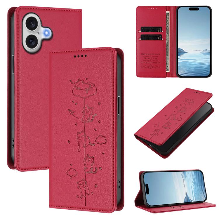 Cute Cats Embossed Magnetic RFID Vegan Leather Phone Case, For iPhone Air, For iPhone 16 Pro Max, For iPhone 16 Pro, For iPhone 16 Plus