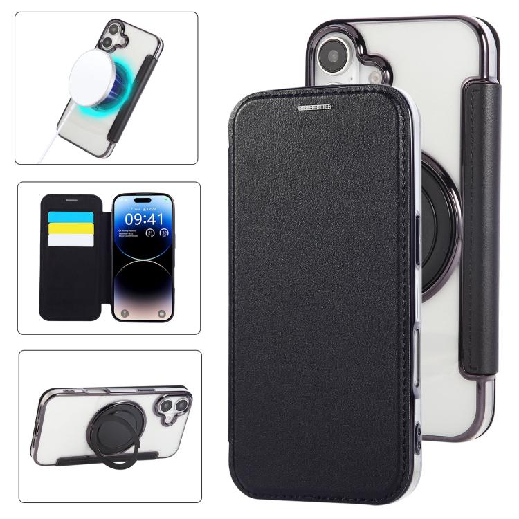 Ultra-thin Rotation Holder Magnetic Plating Vegan Leather Phone Case, For iPhone 16 Pro, For iPhone 16 Plus, For iPhone 16, For iPhone 15 Pro Max, For iPhone 15 Pro, For iPhone 15 Plus / 14 Plus