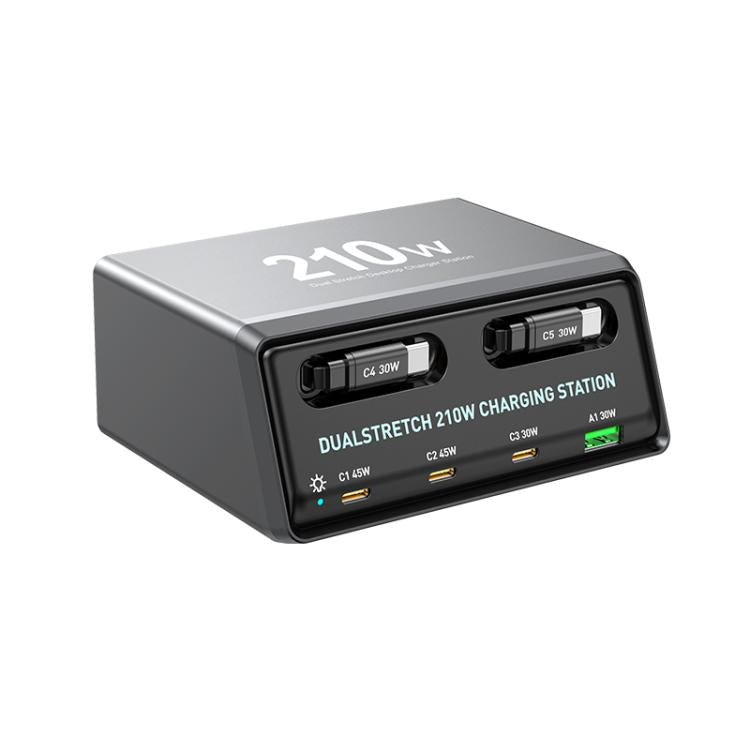 WXL-60E 210W 6-in-1 Desktop Multi Ports Charging Station Built-in Dual Telescopic Cables, WXL-60E