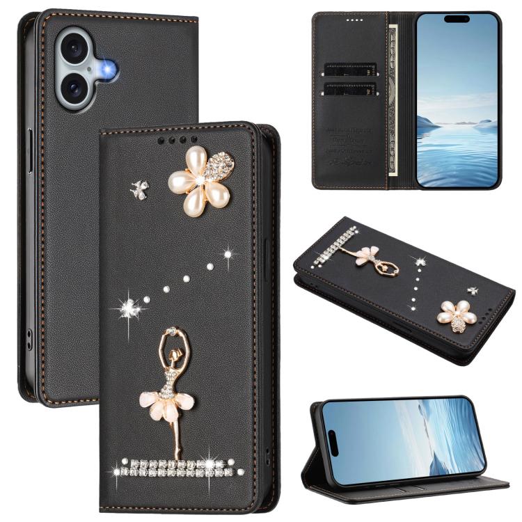 Ballet Girl Diamond Studded RFID Vegan Leather Phone Case, For iPhone 16 Pro, For iPhone 16 Plus, For iPhone 16, For iPhone 15 Pro Max, For iPhone 15 Pro, For iPhone 15 Plus