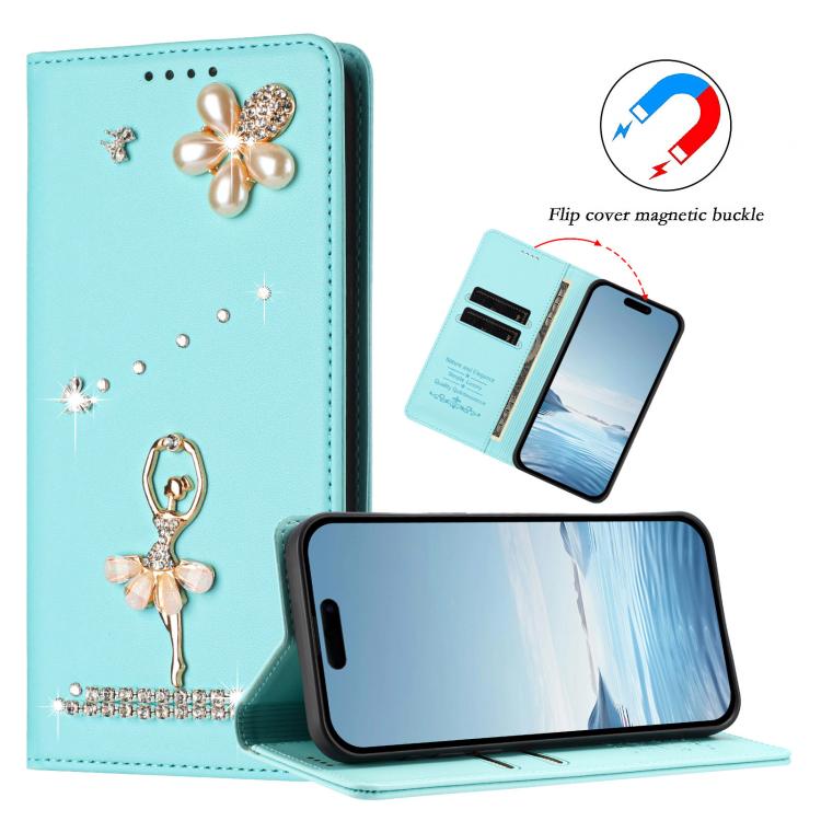 Ballet Girl Diamond Studded RFID Vegan Leather Phone Case, For iPhone 16 Pro, For iPhone 16 Plus, For iPhone 16, For iPhone 15 Pro Max, For iPhone 15 Pro, For iPhone 15 Plus