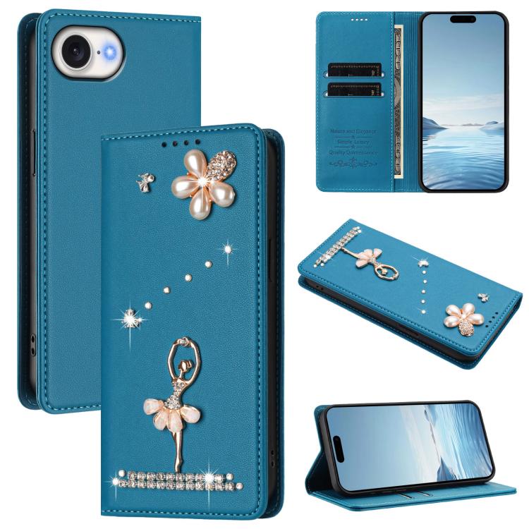 Ballet Girl Diamond Studded RFID Vegan Leather Phone Case, For iPhone 17e / 16e, For iPhone 17 Pro Max, For iPhone 17 Pro, For iPhone 17, For iPhone Air, For iPhone 16 Pro Max
