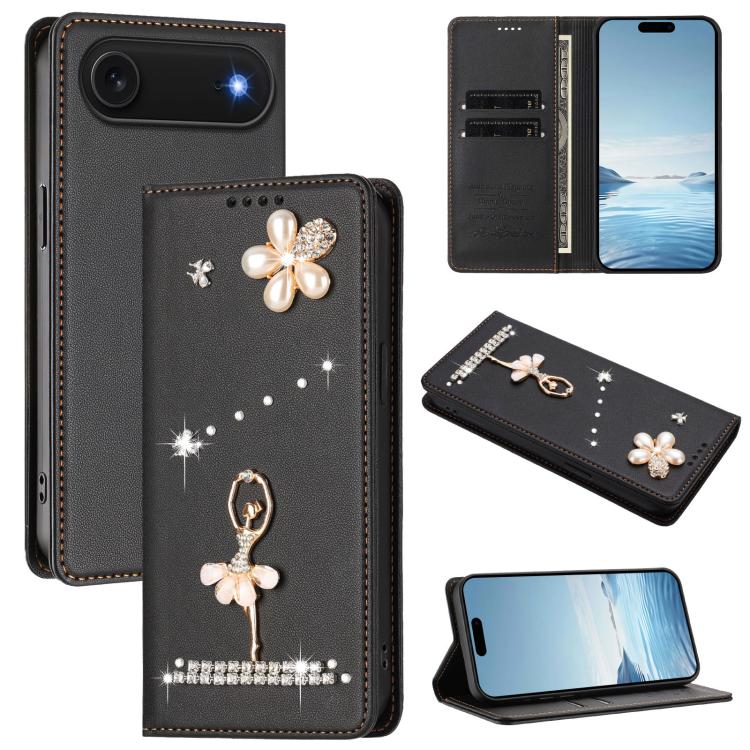 Ballet Girl Diamond Studded RFID Vegan Leather Phone Case, For iPhone 17e / 16e, For iPhone 17 Pro Max, For iPhone 17 Pro, For iPhone 17, For iPhone Air, For iPhone 16 Pro Max