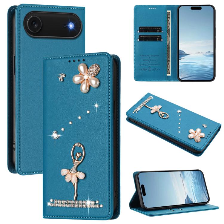 Ballet Girl Diamond Studded RFID Vegan Leather Phone Case, For iPhone 17e / 16e, For iPhone 17 Pro Max, For iPhone 17 Pro, For iPhone 17, For iPhone Air, For iPhone 16 Pro Max