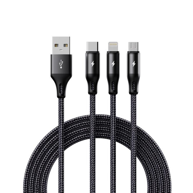 ROCK RCB0790 1.2m 3-in-1 USB to 8 Pin + Type-C + Micro USB Metal Braided Charging Cable, RCB0790