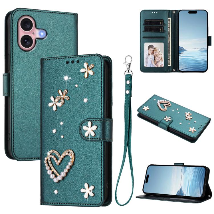 ZS01 Double-Layer Heart Floral Vegan Leather Phone Case with Wrist Strap, For iPhone 16 Pro, For iPhone 16 Plus, For iPhone 16, For iPhone 15 Pro Max, For iPhone 15 Pro, For iPhone 15 Plus