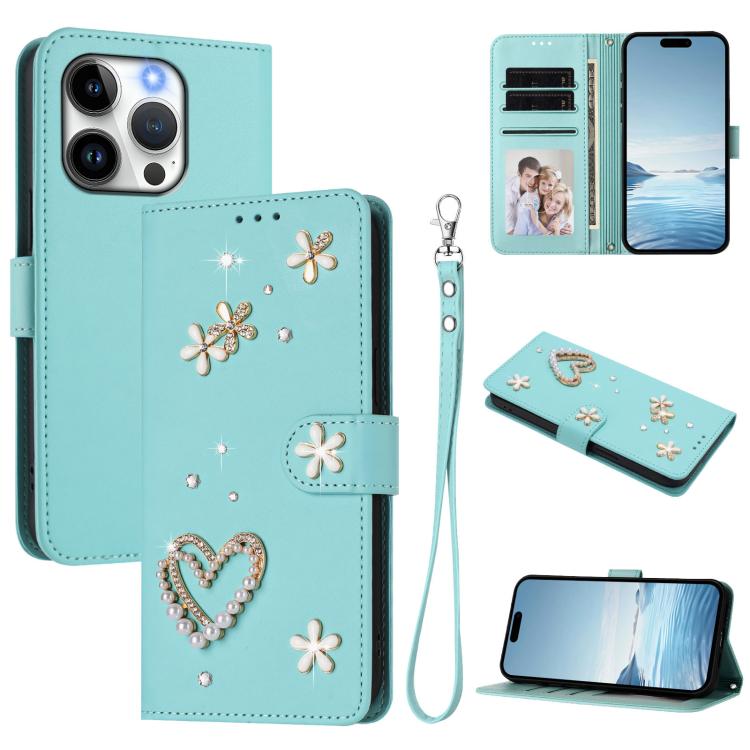 ZS01 Double-Layer Heart Floral Vegan Leather Phone Case with Wrist Strap, For iPhone 16 Pro, For iPhone 16 Plus, For iPhone 16, For iPhone 15 Pro Max, For iPhone 15 Pro, For iPhone 15 Plus