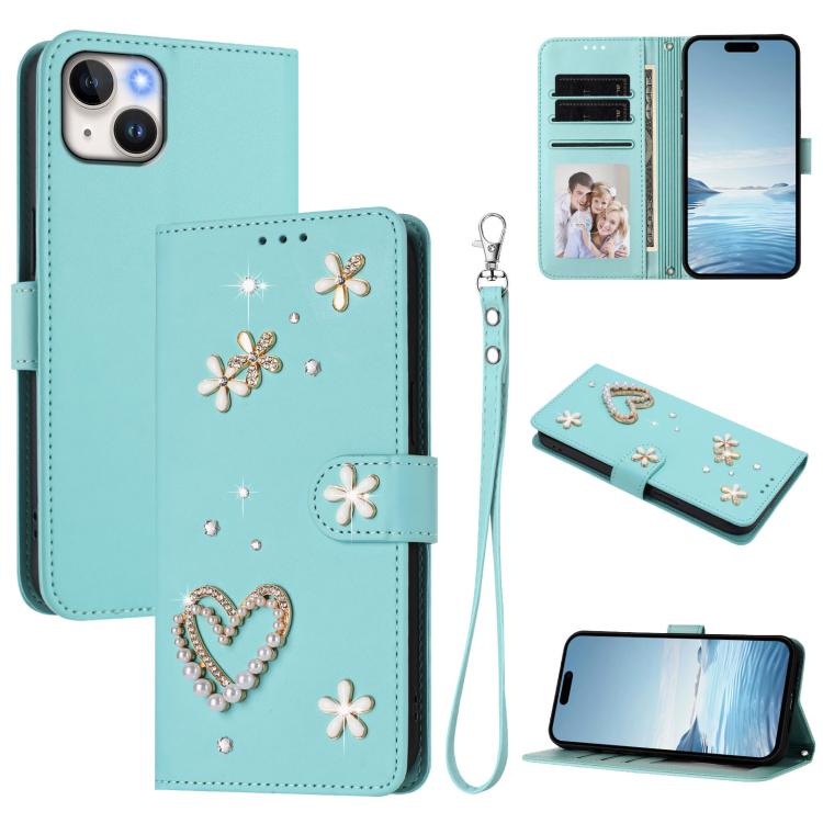 ZS01 Double-Layer Heart Floral Vegan Leather Phone Case with Wrist Strap, For iPhone 16 Pro, For iPhone 16 Plus, For iPhone 16, For iPhone 15 Pro Max, For iPhone 15 Pro, For iPhone 15 Plus