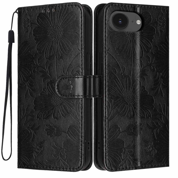 Sunflower Embossed Vegan Leather Phone Case with Small Black Rope, For iPhone 16e / 17e, For iPhone 17 Pro Max, For iPhone 17 Pro, For iPhone 17, For iPhone Air, For iPhone 16 Pro Max, For iPhone 16 Pro, For iPhone 16 Plus