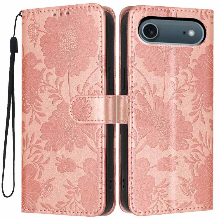 Sunflower Embossed Vegan Leather Phone Case with Small Black Rope, For iPhone 16e / 17e, For iPhone 17 Pro Max, For iPhone 17 Pro, For iPhone 17, For iPhone Air, For iPhone 16 Pro Max, For iPhone 16 Pro, For iPhone 16 Plus