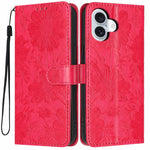 Sunflower Embossed Vegan Leather Phone Case with Small Black Rope, For iPhone 16e / 17e, For iPhone 17 Pro Max, For iPhone 17 Pro, For iPhone 17, For iPhone Air, For iPhone 16 Pro Max, For iPhone 16 Pro, For iPhone 16 Plus