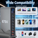 YMX-LCD670W 670W 6xType-C and 2xUSB GaN Digital Display Multi-Function Charger, AU Plug, EU Plug, UK Plug, US Plug