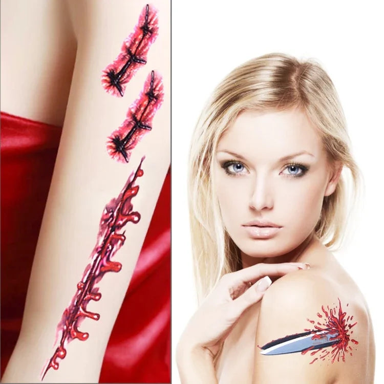 10pcs S-045 Halloween Terror Wound Realistic Blood Injury Scar Temporary Tattoo Sticker, S-045/10pcs