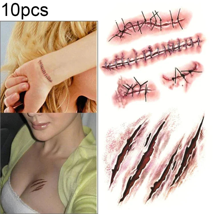 10pcs S-165 Halloween Terror Wound Realistic Scratches Injury Scar Temporary Tattoo Sticker, S-165/10pcs