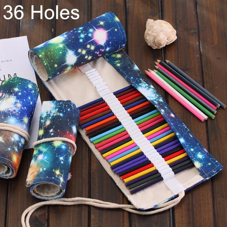 36 Slots Cosmic Galaxy Print Pen Bag Canvas Pencil Wrap Curtain Roll Up Pencil Case Stationery Pouch, 36 Slots