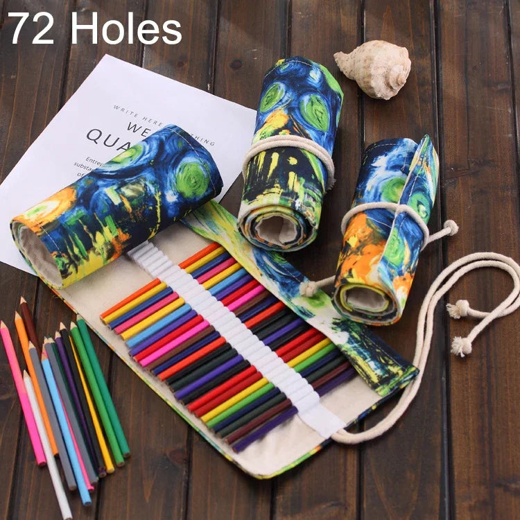 72 Slots Van Gogh Oil Painting Print Pen Bag Canvas Pencil Wrap Curtain Roll Up Pencil Case Stationery Pouch, 72 Slots