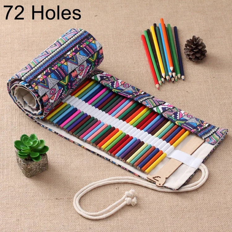 72 Slots Ethnic Print Pen Bag Canvas Pencil Wrap Curtain Roll Up Pencil Case Stationery Pouch, 72 Slots