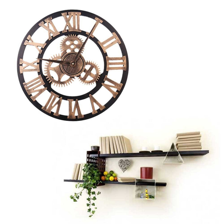Retro Wooden Round Single-sided Gear Clock Rome Number Wall Clock, Diameter: 40cm, Rome Number  40cm