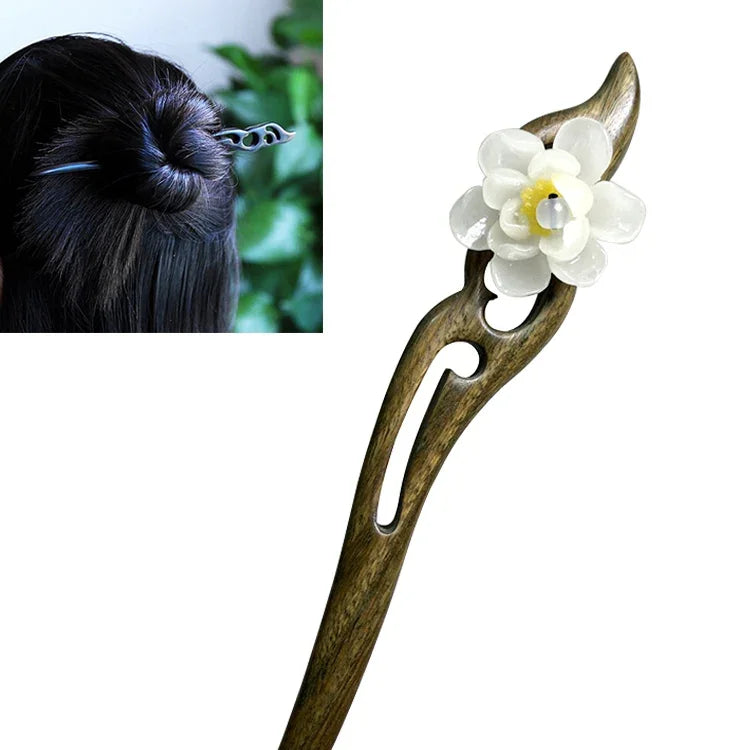 Classical Green Sandalwood Ancient Hairpin Hair Costume Headdress-Banyue Jade Flower + Gift Box, Gift Box Colors Are Random, Green Sandalwood Wanyue Jade Flower White