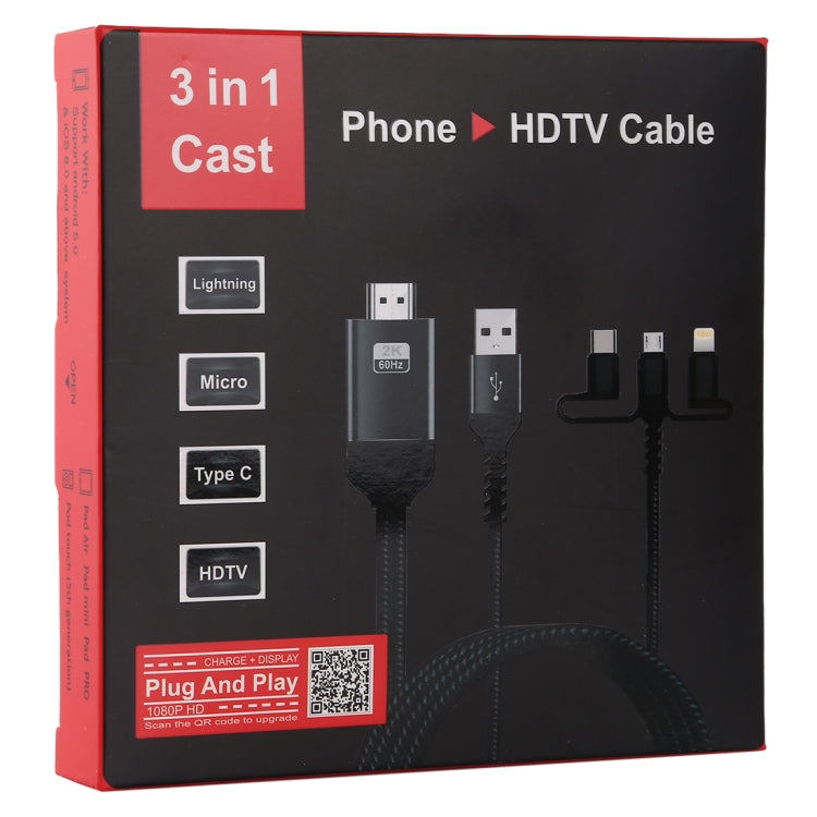 3 in 1 Micro USB + USB-C / Type-C + 8 Pin to HDMI HDTV Cable