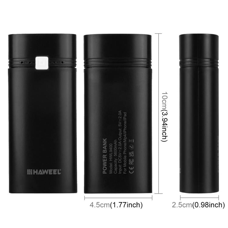 HAWEEL DIY 2x 18650 Battery (Not Included) 5600mAh Power Bank Shell Box with USB Output & Indicator, DIY 2 Batteries(Black)