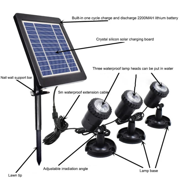 3 In 1 Warm Light Lawn Insertion Pool Diving Solar Spotlight, Warm Light