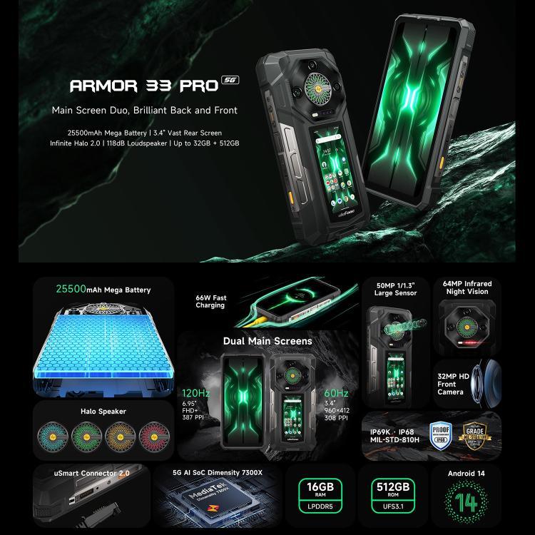 Ulefone Armor 33 Pro Rugged Phone, 16GB+512GB, Night Vision, 6.95 inch + 3.4 inch Dual Screen Android 14 MediaTek Dimensity 7300X Octa Core, Network: 5G, OTG, NFC, Armor 33 Pro