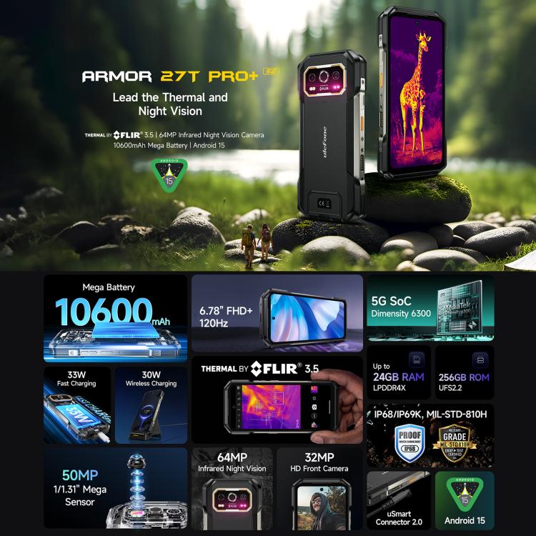 Ulefone Armor 27T Pro+ Rugged Phone, FLIR 3.5 Thermal Imaging, 12GB+256GB, Night Vision, 10600mAh, 6.78 inch Android 15 MediaTek Dimensity 6300 Octa Core, Network: 5G, NFC, Armor 27T Pro+