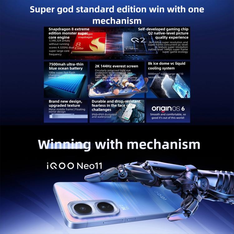vivo iQOO Neo11, 12GB+512GB, Face ID / Screen Fingerprint Identification, 6.82 inch Android 16 OriginOS 6 Snapdragon 8 Elite Octa Core, OTG, NFC, Network: 5G, iQOO Neo11, 12GB+512GB