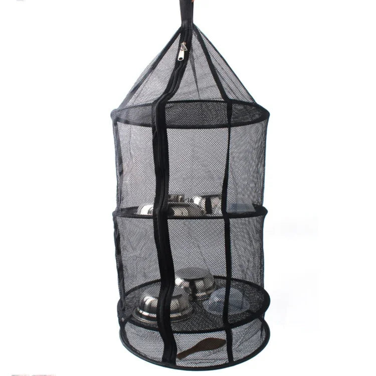 Camping Picnic Folding Tableware Vegetables Fruit Dry Net Hanging Mesh Dish Dryer Rack Shelf(Black), Round drying net