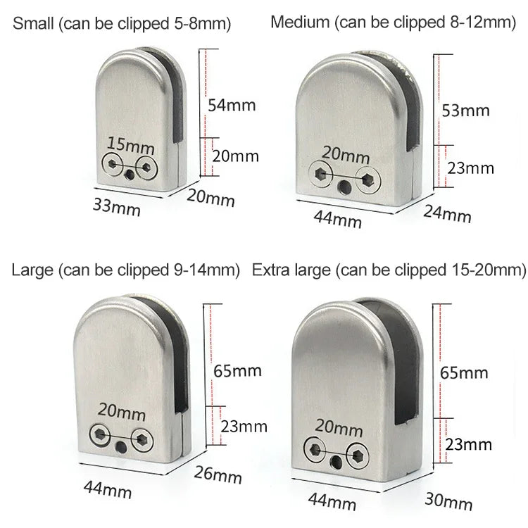 9-14mm Concave Curved Bottom Matte Polished 201 Stainless Steel Fixed Clip Railing Glass Wood Layer Board Clamp Bracket, 9-14mm, Curved Bottom, 201 Stainless Steel