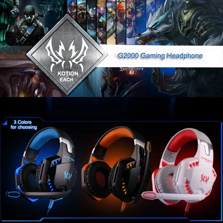KOTION EACH G2000 Over-ear Game Gaming Headphone Headset Earphone Headband with Mic Stereo Bass LED Light for PC Gamer,Cable Length: About 2.2m(White + Red), G2000